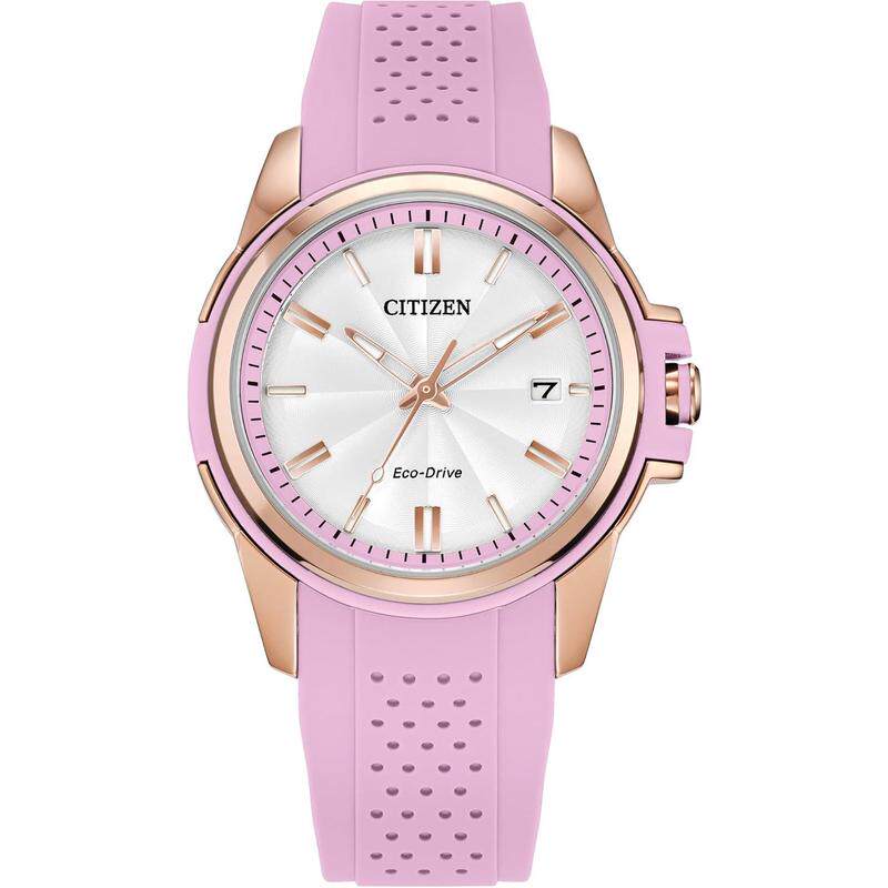 代购Citizen西铁城女士腕表夜光日期光能计时硅胶带玫瑰金防水