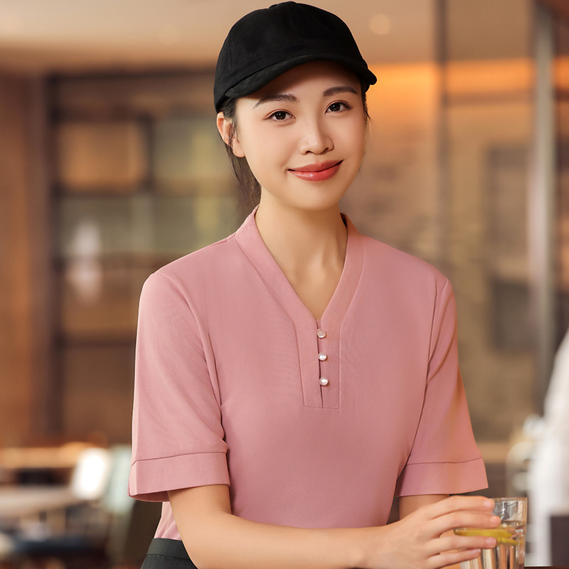 韩式料理服上衣中餐厅服务员t恤短袖男女透气V领三扣传菜点餐制服