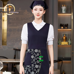 饭店农家乐工作服餐饮碎花头巾围腰女茶楼火锅店一体防污肩带围裙