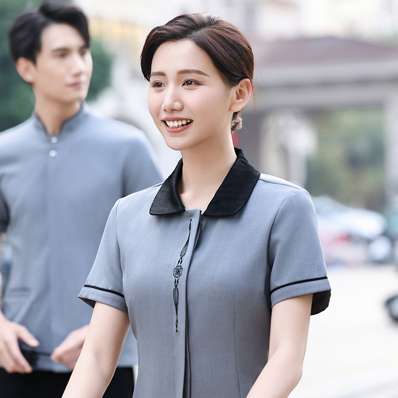 翻领保洁服夏装宾馆客房PA制服短袖家政物业清洁制服大码男女上衣