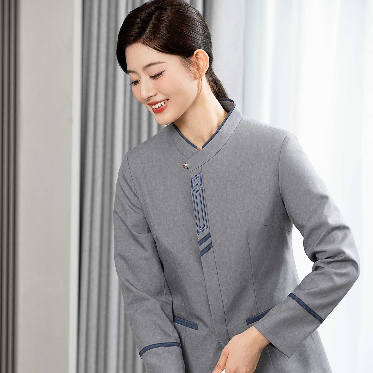 酒店保洁工作服长袖女灰色立领制服秋冬物业家政清洁商场后勤工装