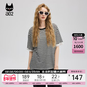 a02甜美风蕾丝拼接宽松圆领条纹短袖 设计感 薄款 女T恤2025新款 夏季