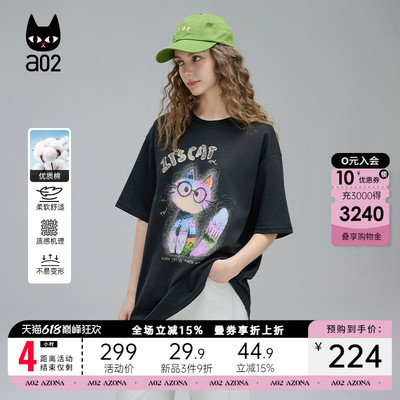 a02甜酷风趣味猫猫印花短袖T恤女2025新款夏季宽松圆领设计感上衣