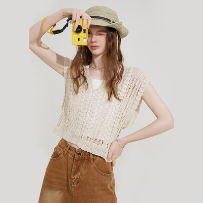 a02夏季镂空设计个性都市休闲女式针织衫小清新简约无袖上衣