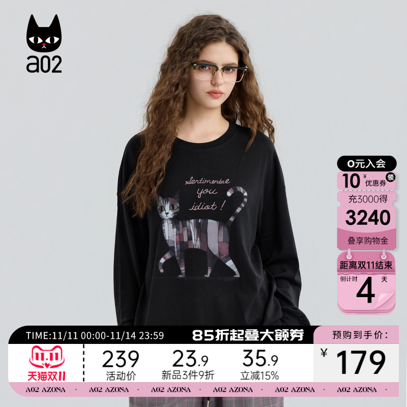 a02黑猫系列宽松圆领长袖T恤女2025新款秋季黑色早秋上衣打底衫