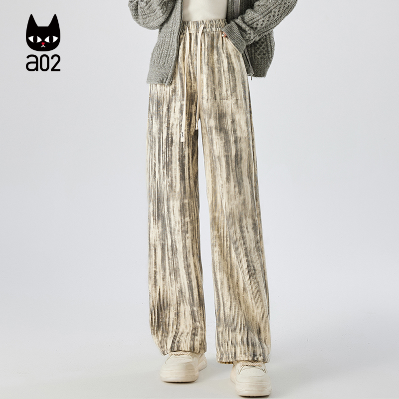 a02宽松扎染印花加绒裤子女2025新款秋季保暖休闲裤通勤阔腿长裤