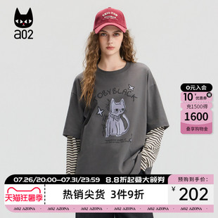 a02黑猫系列宽松圆领假两件长袖T恤女2026新款春秋打底衫通勤穿搭