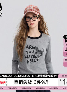 a02黑猫系列宽松短款灰色圆领长袖T恤女2026新款春秋打底衫上衣