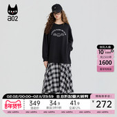 a02黑猫系列黑色假两件连衣裙女2025新款 春秋宽松设计感卫衣裙子