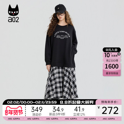 a02黑猫系列黑色假两件连衣裙女2025新款春秋宽松设计感卫衣裙子