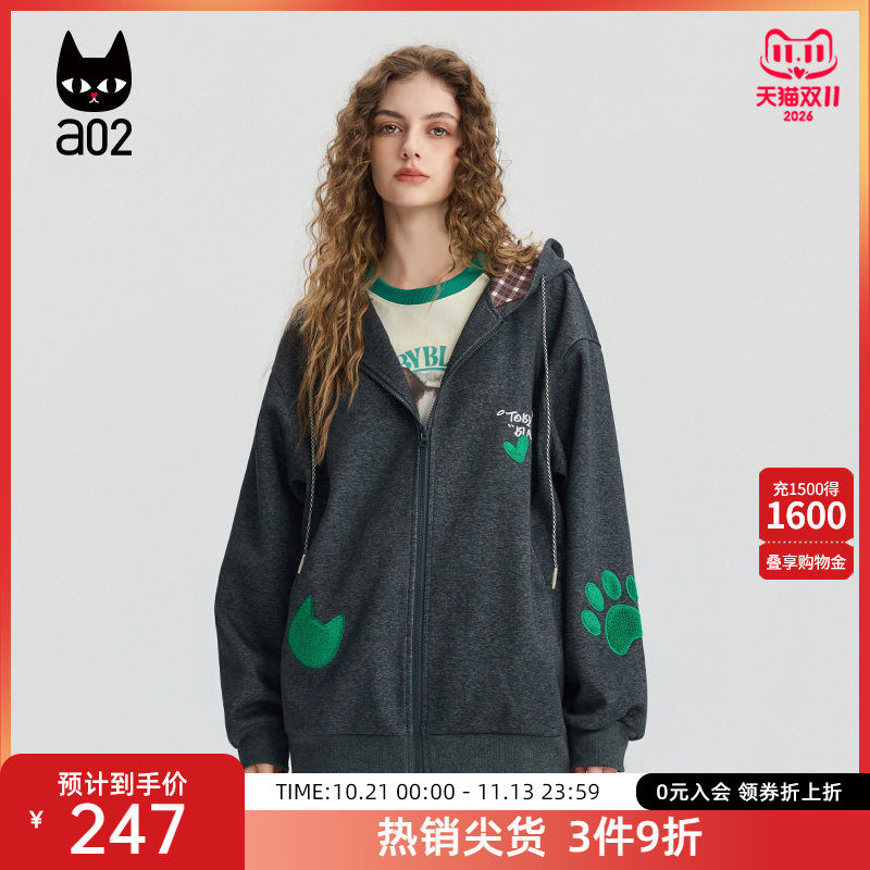 a02宽松连帽女2026新款春秋季针织开衫常规外套猫猫灰色上衣