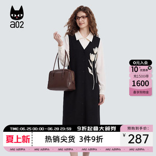 a02宽松假两件衬衫领连衣裙女款2026新款春秋黑色裙子通勤穿搭