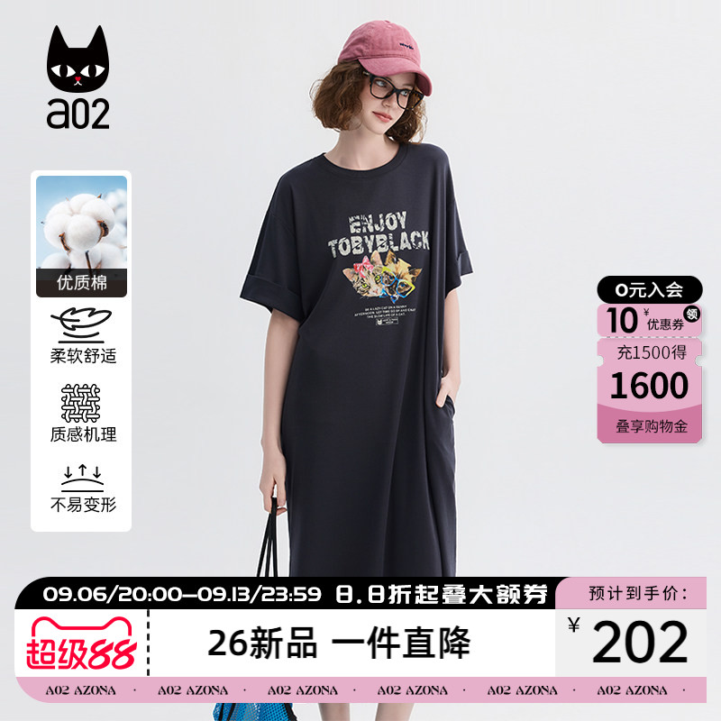a02宽松港风印花短袖t恤连衣裙女夏2026新款日常休闲居家通勤图片