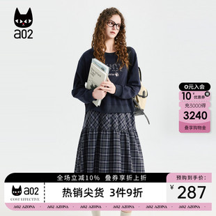 a02黑猫系列宽松圆领假两件连衣裙女2026新款春季卫衣格纹裙子