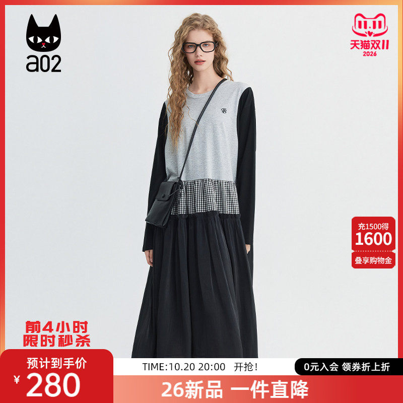 a02拼接假两件黑纱长裙子格纹收腰显瘦长袖连衣裙女款秋季新款
