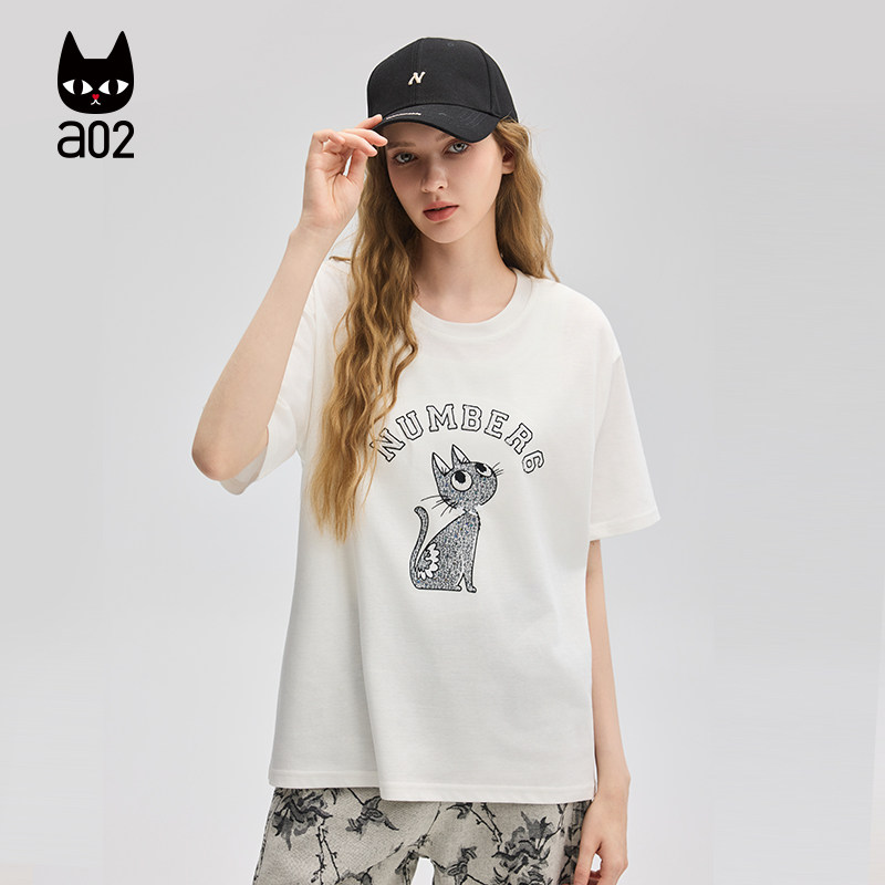 a02猫猫宽松圆领短袖女T恤2026新款薄款白色上衣通勤穿搭半袖