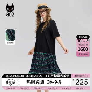 压褶裙设计感夏 轻薄中长款 a02碎花拼接黑色连衣裙女2026新款 夏季