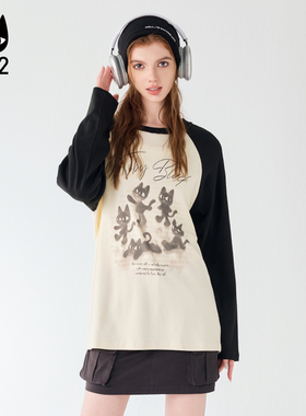 a02宽松显瘦圆领初秋上衣长袖T恤女2025新款秋季插肩袖设计感秋装