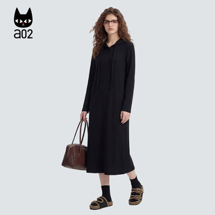 a02宽松针织连衣裙女款2026新款春秋黑色裙子连帽长裙通勤穿搭