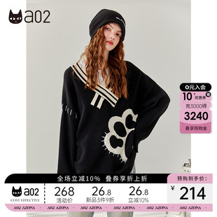 宽松V领毛衫 女2025秋新品 轻途 猫爪提花上衣 a02原创潮流针织衫