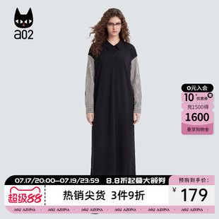 a02法式宽松假两件polo领针织连衣裙女款2026新款春秋黑色长裙子