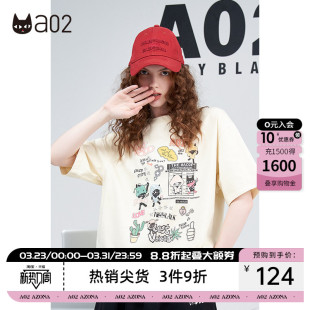 女ins 炸街甜酷风纯棉短袖 a02卡通涂鸦印花T恤上衣夏季 新款