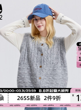 a02宽松圆领马甲女2026新款春季无袖开衫毛衣针织衫灰色上衣