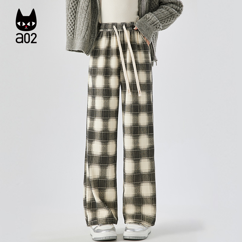 a02宽松休闲格子裤子女2025新款冬季加绒保暖阔腿裤通勤直筒长裤