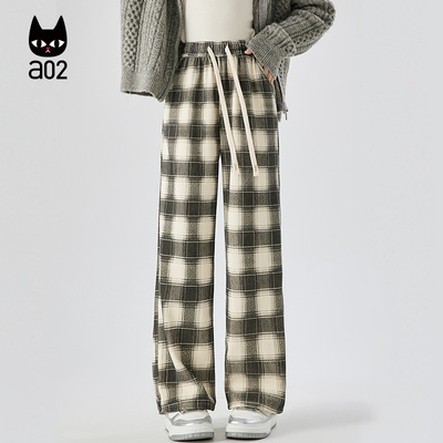 a02宽松休闲格子裤子女2025新款冬季加绒保暖阔腿裤通勤直筒长裤