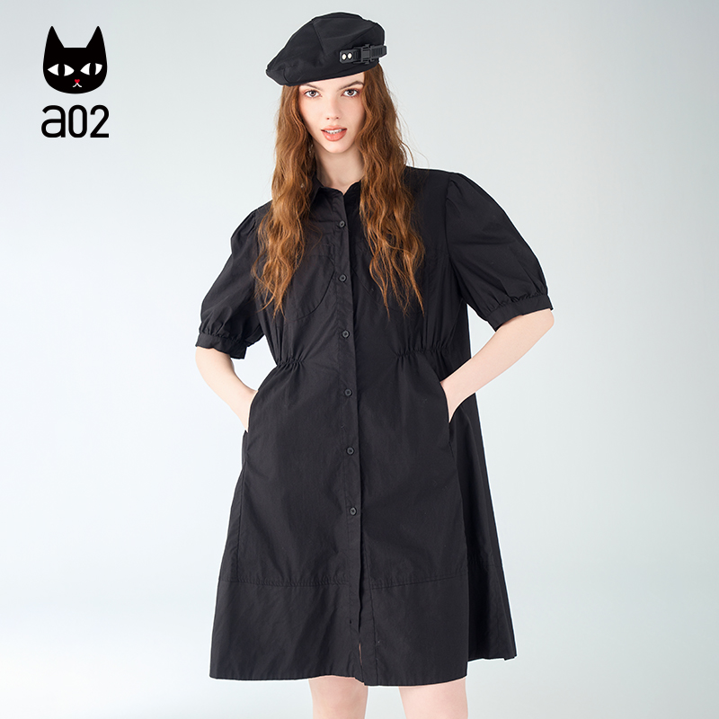 a02衬衫连衣裙2025新款夏季女装宽松收腰显瘦中长裙子黑色夏装