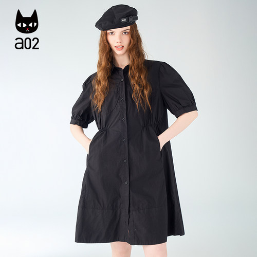 a02衬衫连衣裙2026新款夏季女装宽松收腰显瘦中长裙子黑色夏装