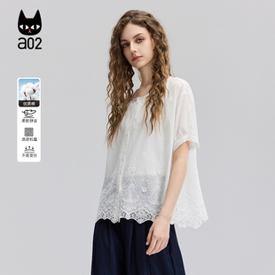 a02全面绣花立体绣短袖衬衫女2025新款夏季轻薄甜美风小衫衬衣