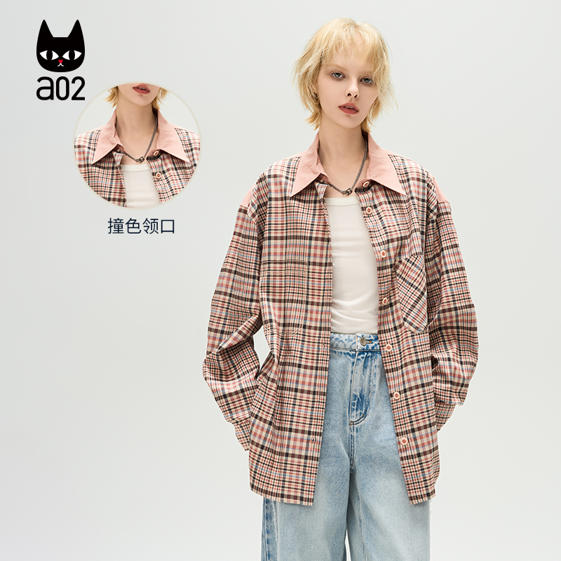 a02【ET自然系列】长袖格子衬衣女2025秋季新款轻奢设计感衬衣