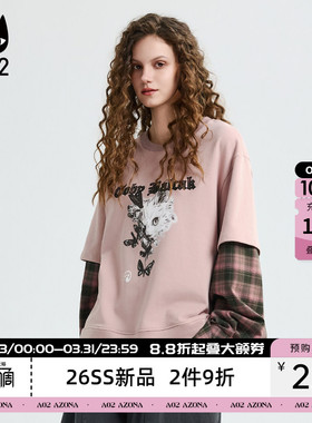 a02黑猫系列假两件宽松圆领卫衣女2026新款春季格纹长袖休闲上衣