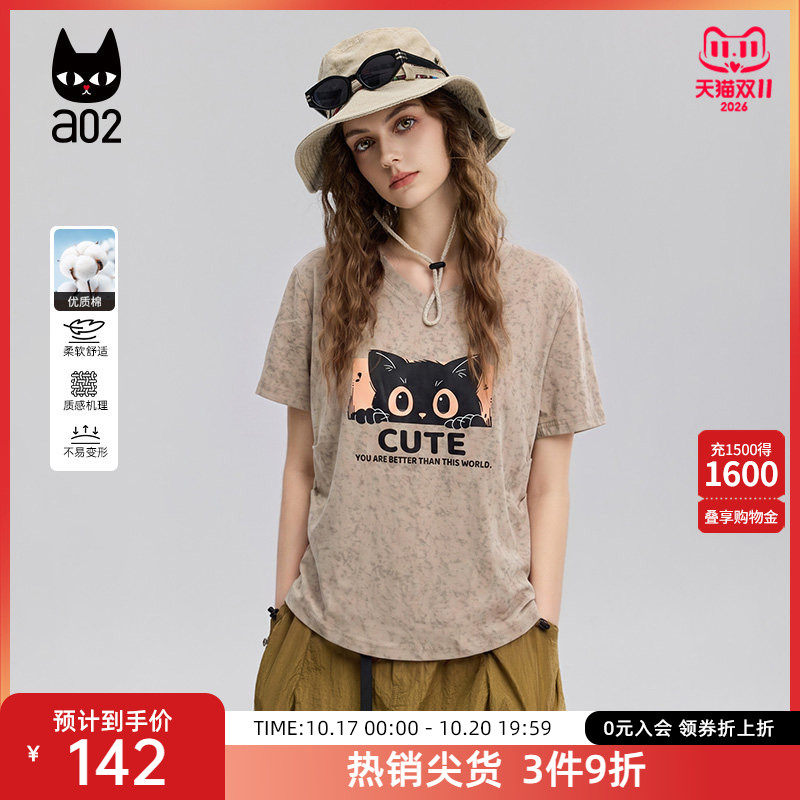 a02修身短袖T恤女2026新款夏季猫猫印花扎染半袖设计感上衣