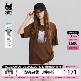 夏日ootd穿搭纯棉上衣 夏季 a02猫猫印花宽松圆领短袖 T恤女2026新款