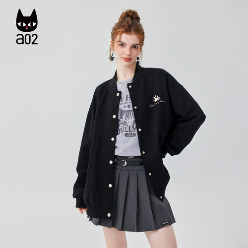 a02新款2026春秋小众设计感黑色棒球服外套女针织刺绣春秋装上衣