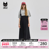 a02假两件宽松圆领连衣裙女2025新款 T恤裙通勤穿搭黑色裙子女装