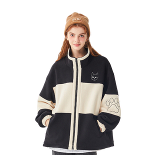 a02摇粒绒外套女冬季新款黑白撞色宽松外套加厚加绒保暖宽松上衣
