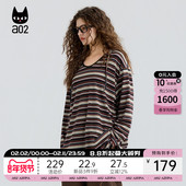 春秋早秋上衣通勤穿搭打底衫 a02宽松连帽条纹长袖 T恤女2025新款