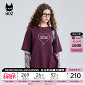 圆领T恤女2025新款 a02假两件百搭条纹袖 子长袖 春秋设计感早秋上衣