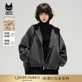 春秋慵懒风绵羊毛深灰色休闲连帽短款 a02 ET自然系列 毛呢外套