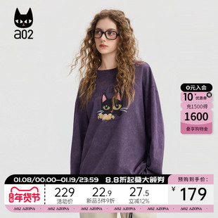 a02黑猫系列纯棉宽松圆领长袖T恤女2025新款秋季甜美风打底衫上衣