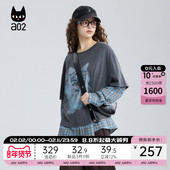 春秋打底衫 a02黑猫系列格子拼接假两件宽松圆领长袖 T恤女2025新款