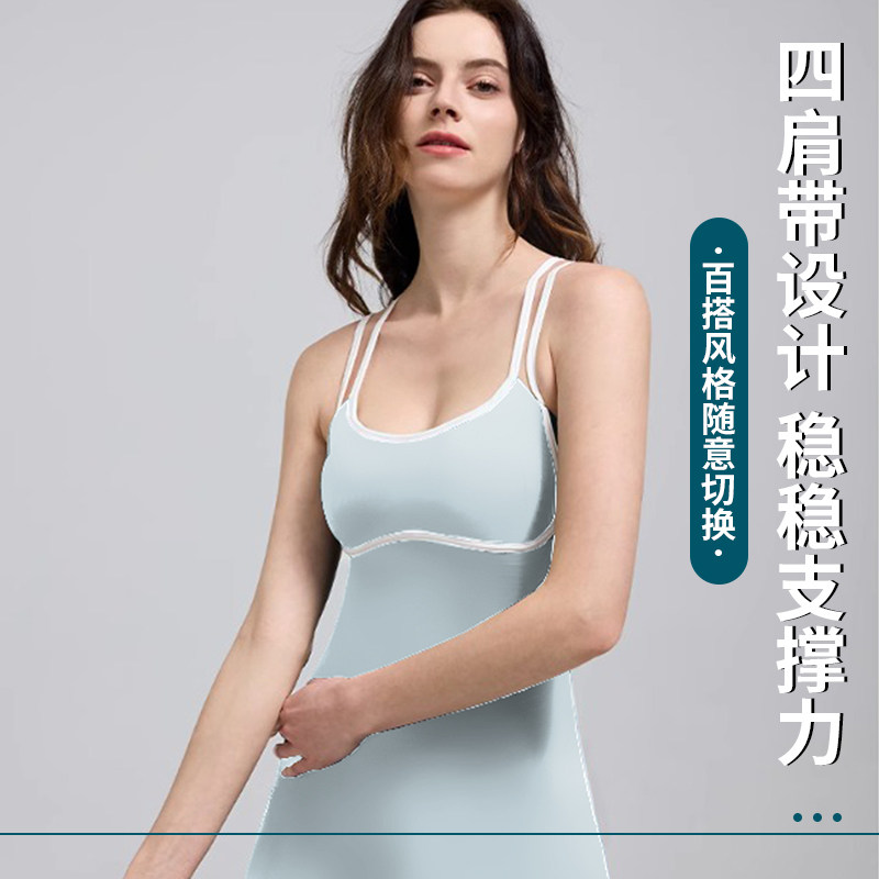 新款欧美跨境外贸时尚撞色吊带胸垫连体衣短裤裙运动瑜伽服套装女