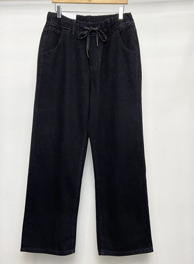 新款休闲松紧腰宽松男女港风阔裤腿老爹直筒纯黑色宽脚系绳牛仔裤