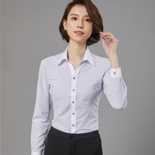春秋季衬衫女长袖职业装正装紫色条纹V字领白领女衬衣上班工装OL