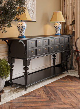 法式复古鞋柜玄关柜一体隔断客厅入户玄关桌黑色进门靠墙边柜定制