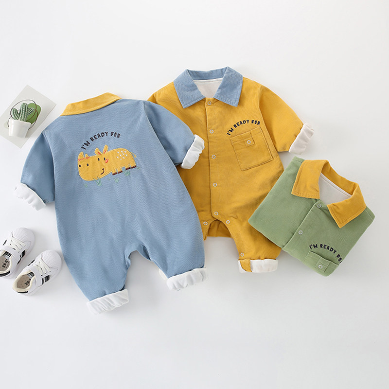 春秋新生儿婴儿灯芯绒连体衣纯棉01岁宝宝双层哈衣条绒外出服爬服