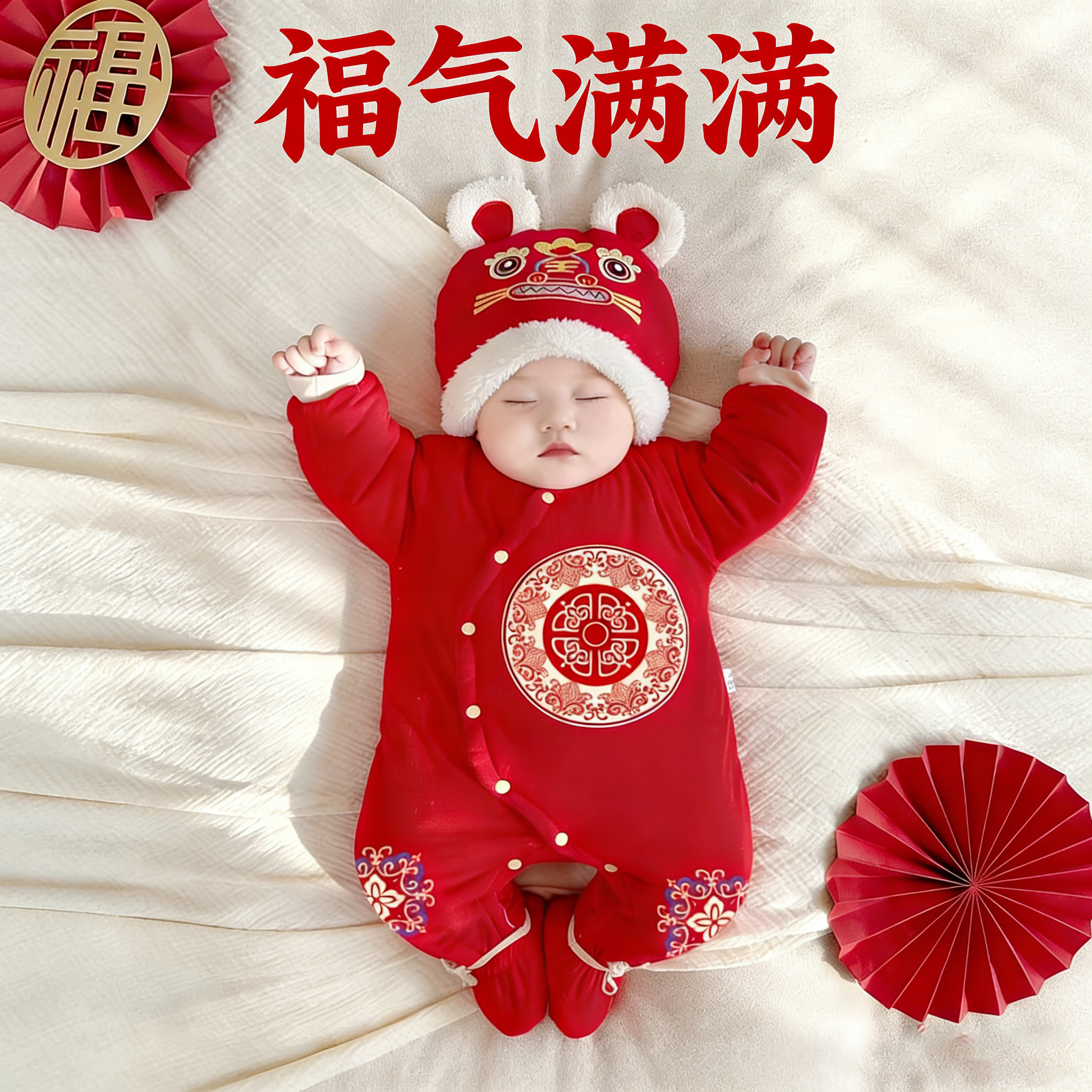 秋冬新生婴儿大红色连体衣包脚棉服满月宝拜年服厚款新年哈衣爬服